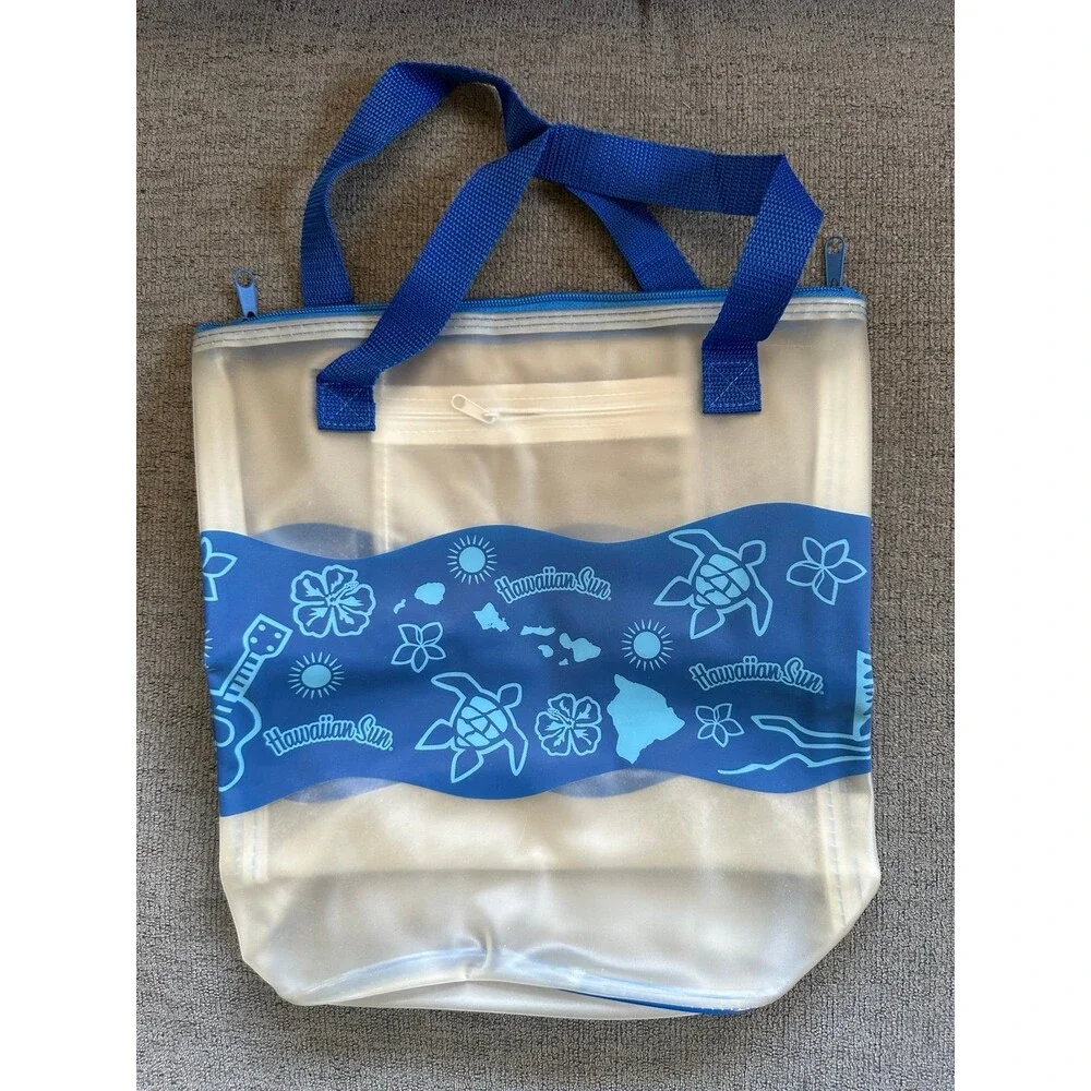 Hawaiian Sun Hibiscus Turtle Plumeria Ukulele Clear Plastic Summer Tote Bag
